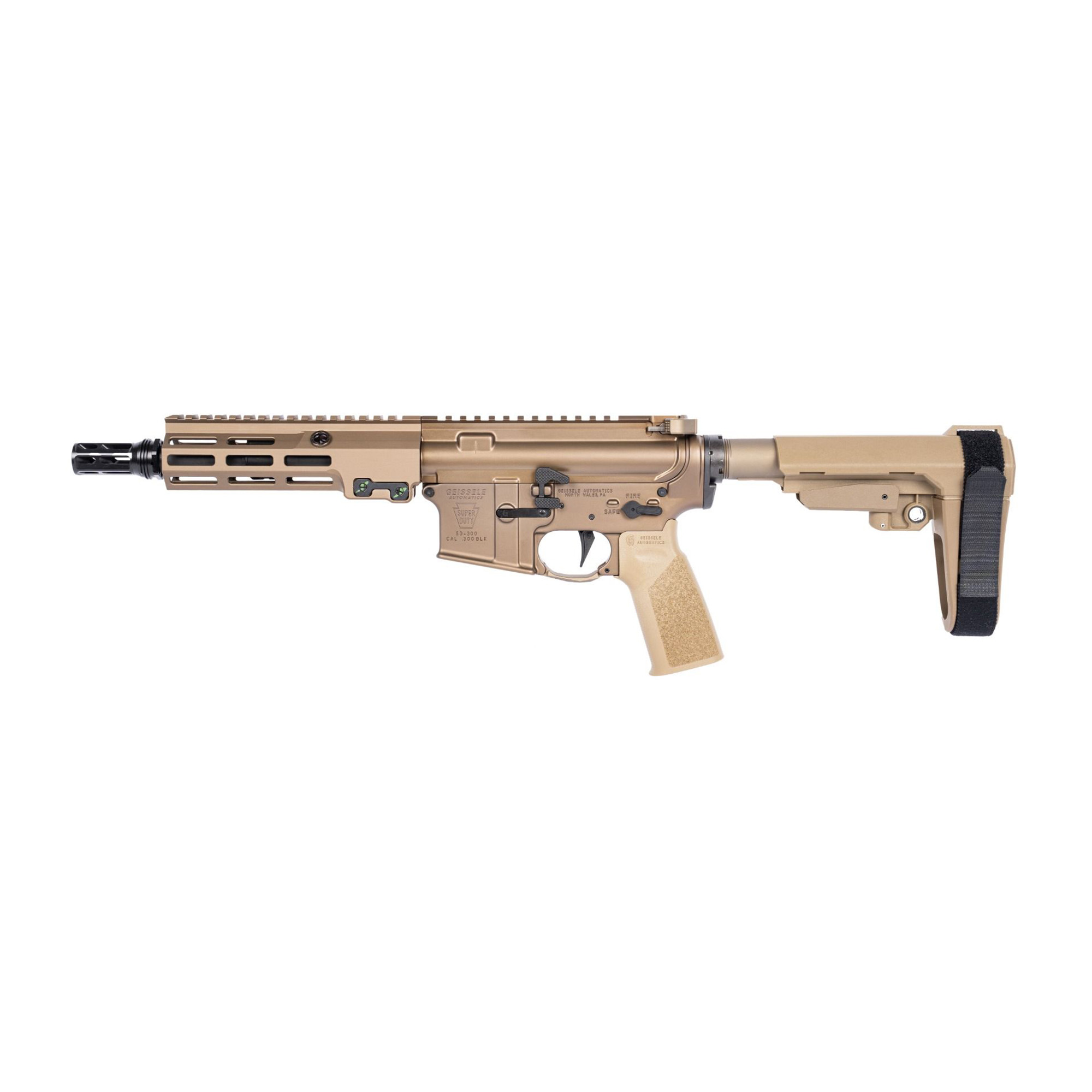 Geissele Automatics 08-518S Super Duty MOD1 300 Blackout 8" Black Threaded Barrel, Flat Dark Earth Receiver w/Picatinny Rail, Flat Dark Earth Synthetic SB Tactical SBA3 Brace, FDE A17 Grip
